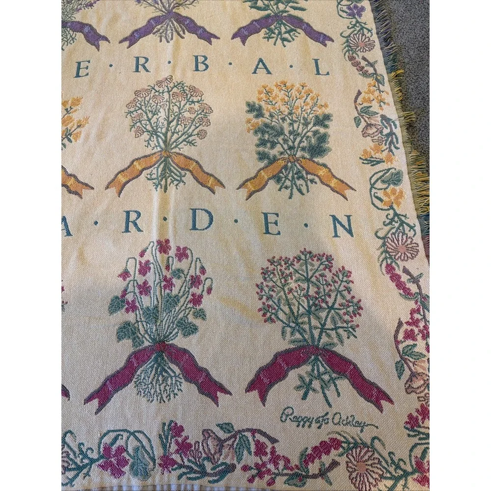 Goodwin Weavers Vintage 100% Cotton English Herbal Garden Tapestry Throw Blanket